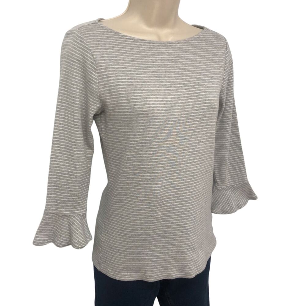 Lauren Ralph Lauren Gray Knit Top White Stripe Boat Neck 3/4 sleeves with Ruffle
